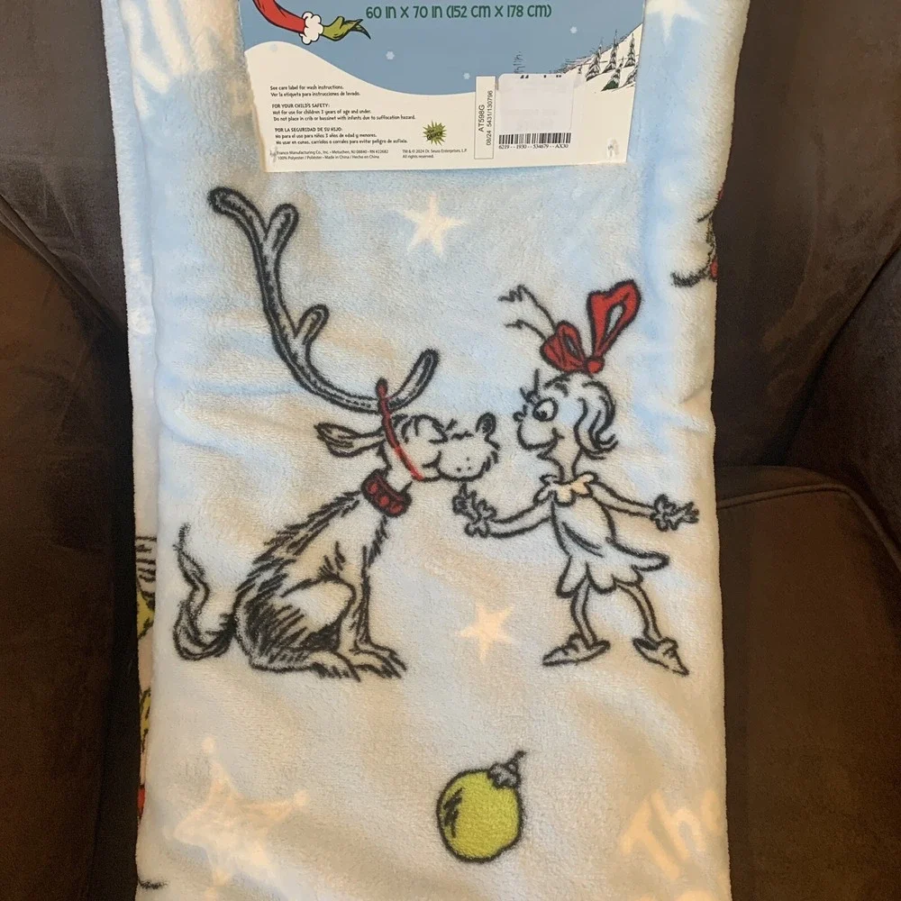 Dr. Seuss The Grinch Light Blue Christmas Holiday Throw Blanket 60